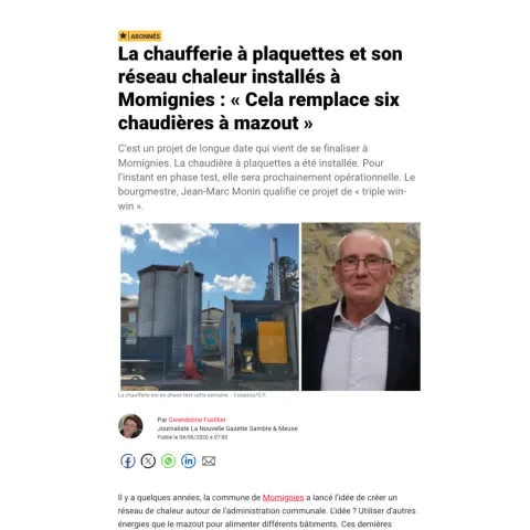 Article SudInfo sur la chaufferie biomasse installée par Coopeos