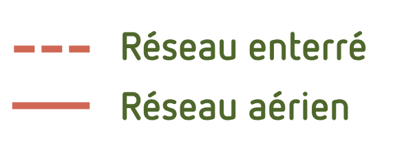 Pointillé = réseau enterré / Ligne pleine = réseau aérien